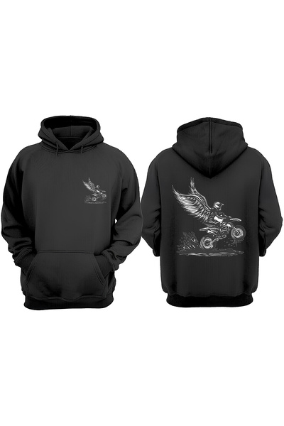 THEWERT Hanorac negru unisex Winged Biker Design Față Spate imprimat Regular Fit