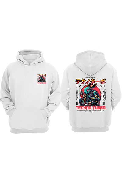 THEWERT Λευκό φούτερ Unisex Techno Turbo Σχέδιο Μπροστά και Πίσω με στάμπα κανονικής εφαρμογής