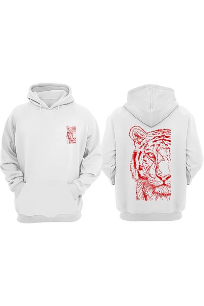 THEWERT Λευκό φούτερ με τυπωμένο κανονικό σχέδιο Unisex Red Tiger μπροστά και πίσω