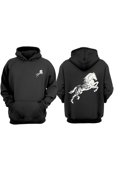 THEWERT Hanorac negru unisex cu design Running Horse, imprimat în față și în ...