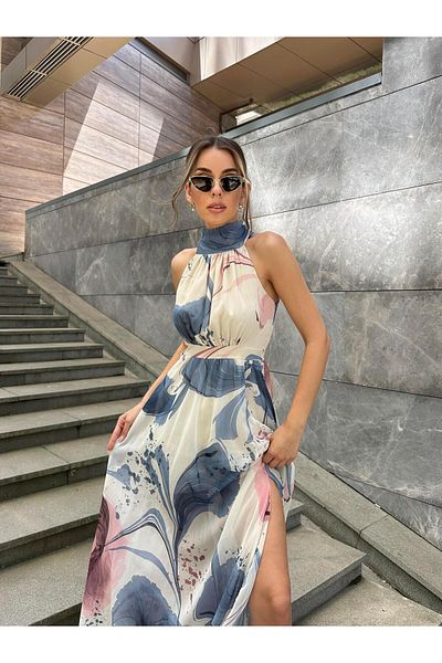 SEDA FİDAN Rochie de zbor cu fantă lungă cu imprimeu albastru