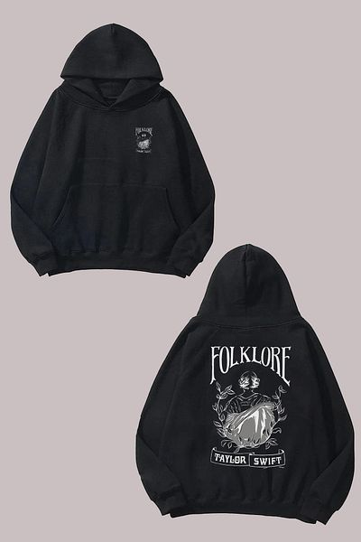 THEWERT Hanorac negru unisex Taylor Swift Folklore Design Față Spate imprimat Regular Fit