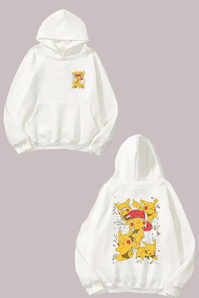 THEWERT Unisex Pikachu 03 Design Front and Back Printed Regular Fit White Sweatshirt