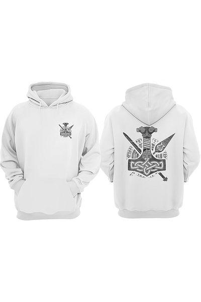 THEWERT Unisex Viking Hammer and Sword Design Front Back Printed Regular Fit White Sweatshirt