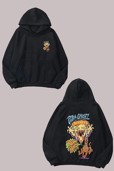 THEWERT Μαύρο φούτερ Unisex με μοτίβο Scooby Doo Pizza Ghost - Εκτύπωση μπροστά και πίσω, κανονική εφαρμογή
