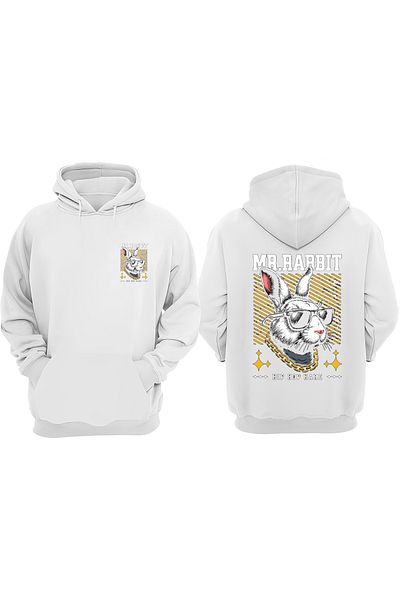 THEWERT Unisex Rabbit Hip Hop Style Σχέδιο Μπροστινό Πίσω Τυπωμένο κανονικό λευκό φούτερ
