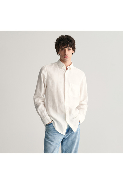 Gant Erkek Beyaz Regular Fit Düğmeli Yaka Keten Gömlek