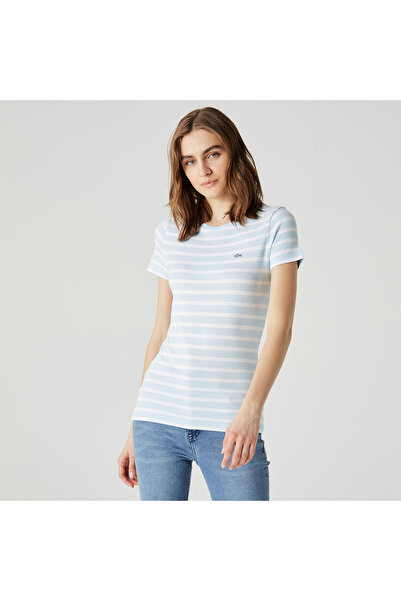 Lacoste Kadın Slim Fit Bisiklet Yaka Çizgili Mavi T-Shirt