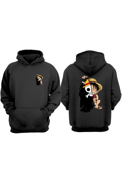 THEWERT سويت شيرت أسود مطبوع عليه علم القراصنة لوفي للجنسين من الأمام والخلف