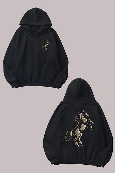 THEWERT Hanorac negru unisex cu design de cal înclinat, imprimat în față și în spate