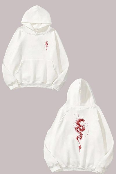 THEWERT Unisex Red Dragon Sketch Design Front Back Printed Regular Fit White Sweatshirt