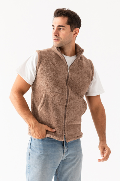 EtkiModa Men's Light Brown Collar Sleeveless Unlined Zippered Plush Vest