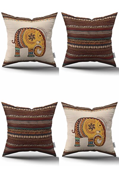ALAMODECOR Husă pentru pernă cu model etnic de elefant, maro crem, cu două fețe, digitală, cu imprimeu din 4 piese