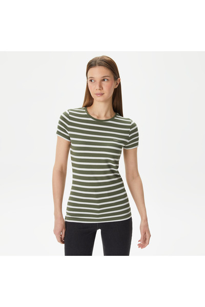 Lacoste Kadın Slim Fit Bisiklet Yaka Çizgili Yeşil T-Shirt