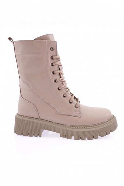 DGN Women's Lace up Zippered Boots Beige Genuine Leather 9322672