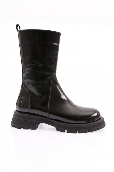 DGN Women's Zippered Long Boots Black Patent Leather Genuine Leather 326623