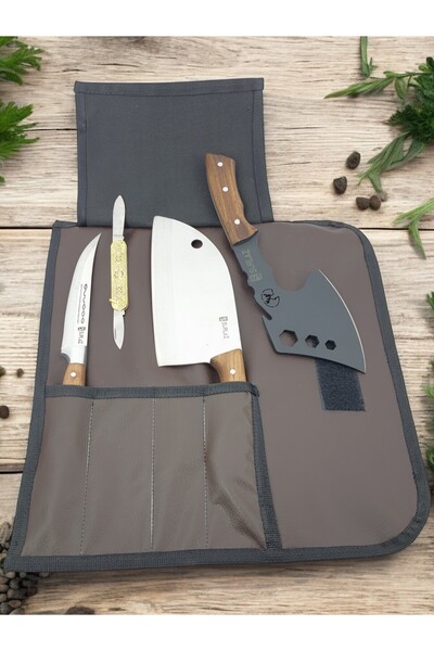 SürLaz 5 Parça Deri Çantalı Kamp Outdoor Seti Şef Bıçak Kamp Balta Çakı Bıçak