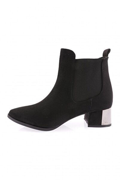 DGN Kadınsivri Burun Chelsea Yan Lastik Detaylı Gümüş Topuklu Bilek Bot Siyah Süet 291932212674