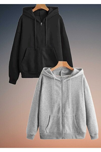 WOODROFFE Women Men Lover 2 Pieces Set Oversize Hooded Zippered Unisex Sweats...