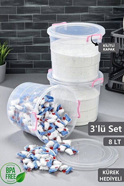 Tugomer 3'lü Mega Deterjan Kabı - 8 Lt Kilit Kapaklı Toz Tablet Deterjan Sakl...