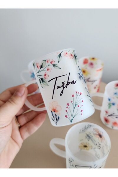 happy mountains İsme Özel Kişiye Özel Buzlu Cam Yeşil Yaprak ve Kırmızı Çiçek...