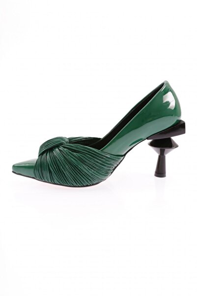 DGN Green Patent Leather Thin Heeled Shoes for Women - Pointed Toe, Low-Cut, Bow Detail 23633261
