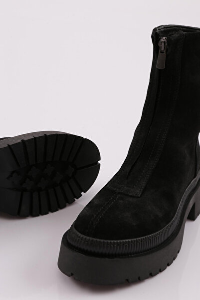 DGN 21542-22K Dámské kozačky na zip se silnou podrážkou Černý semiš z pravé kůže