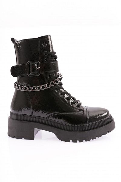 DGN Women's Belt Detailed Chain Lace up Boots Black Wrinkled Patent Leather 211018921027
