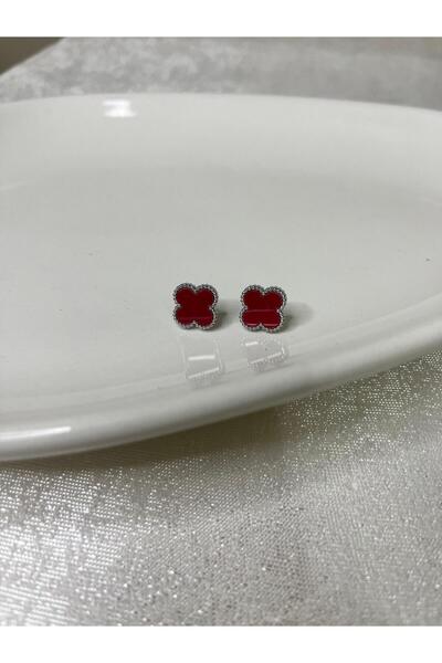 Mog Concept Paslanmaz Kararmaz Gümüş Renk Kırmızı Taşlı  Yonca Küpe