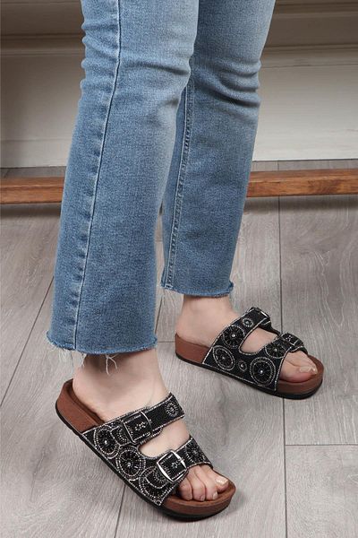 Pienn Stone Embroidered Adjustable Orthopedic Women's Slippers Black-Grey Color Ultra Soft Sole