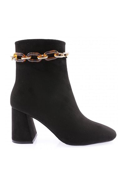 DGN Women's Thick Chain Accessory Heeled Boots Black Suede 33215312821
