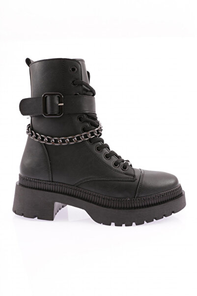 DGN Women's Belt Detailed Chain Lace up Boots Black 211018921027