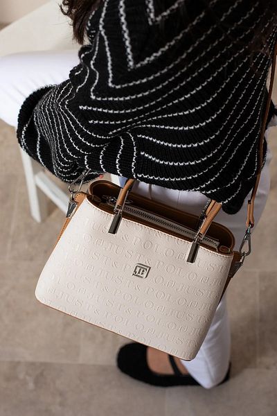 Just Polo Women's Navy Blue Tan Embossed Patterned Zipper Closure Vegan Shoulder and Hand Bag
