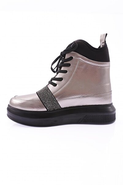 DGN Kadın Strech Detaylı Silver Taş Bantlı Bot Platin Kırışık 10813136