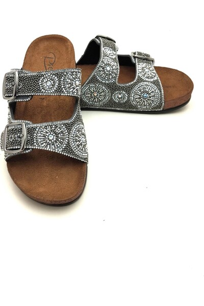 Pienn Taş İşlemeli Ayarlanabilir Ortopedik Kadın Terlik Füme Renk Ultra Soft Taban