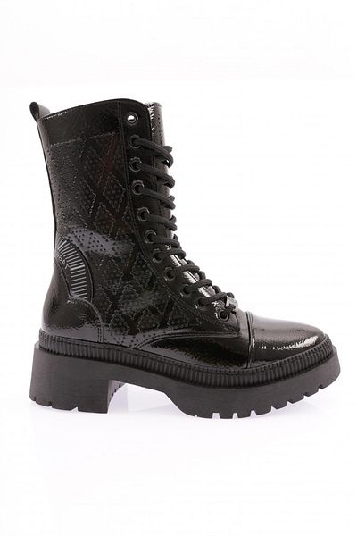 DGN Black Patent Leather Women's Boots - Number Detailed, Wrinkled Model 2110110121027