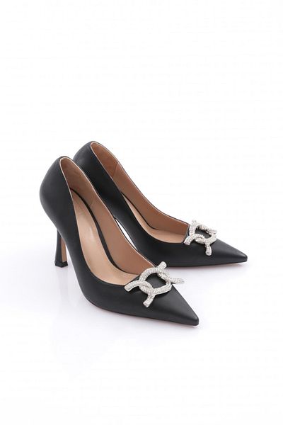 DGN Pantofi cu toc pentru femei cu vârf ascuțit, metal, piatră, negru 1015103236
