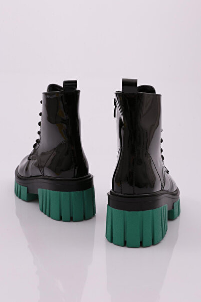 DGN Kadın Kalın Taban Bağcıklı Topuklu Bot Siyah Rugan Mint 15299163118