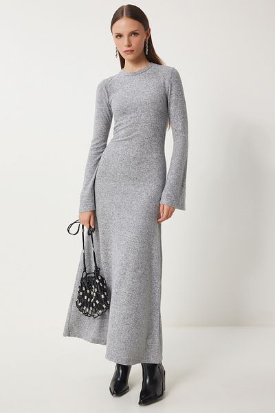 Lovelyİstanbul Long Knitwear Dress - Crew Neck, Gray Melange, Lrg0009