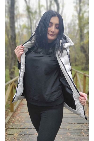 Ayşo Women's Stone Color Detachable Zippered Hood Puffer Vest