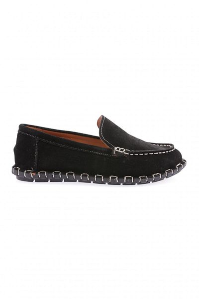 DGN Pantofi mocasini de dama cu cusaturi din piele naturala din piele intoarsa neagra