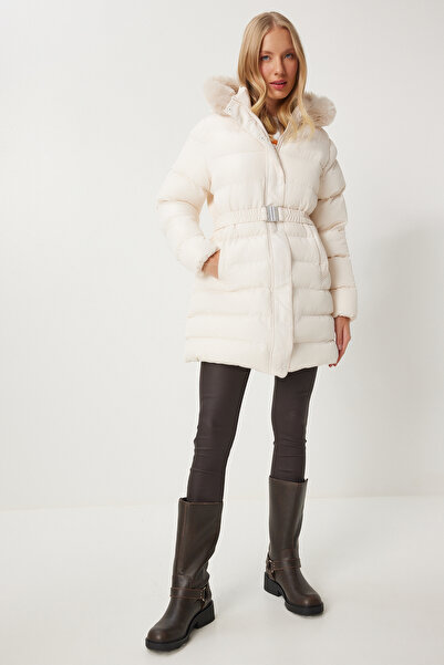 Lovelyİstanbul Palton puf cu glugă și curea de blană - EKRU LAW0001