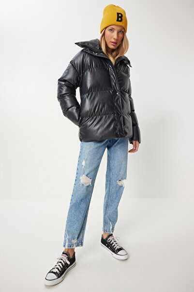 Lovelyİstanbul سترة منتفخة من الجلد الصناعي بياقة واقفة، أسود LPYS001