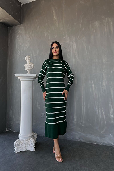 kamacibutik Rochie tricotată cu dungi cu decolteu și fante (compatibilă cu mărimea standard S/M/L/XL)