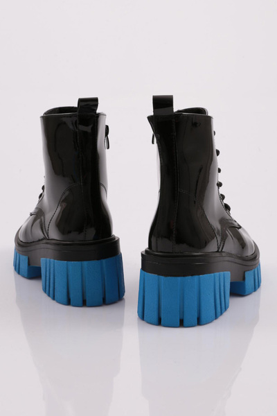 DGN Es805 Γυναικείες μπότες με χοντρή σόλα με κορδόνι με τακούνι μαύρο λουστρίνι μπλε