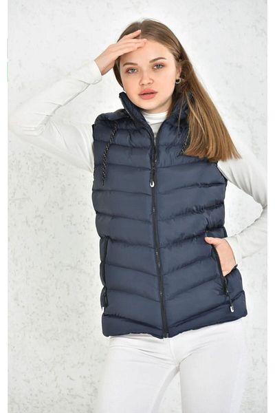 Ayşo Women's Navy Blue Detachable Zippered Hood Puffer Vest