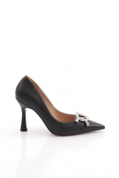 DGN Pantofi cu toc pentru femei cu vârf ascuțit, metal, piatră, negru 1015103236