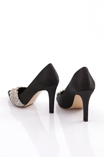 DGN Kadın Silver Taşlı Topuklu Ayakkabı Siyah Saten Gümüş Taş 2623561211432322