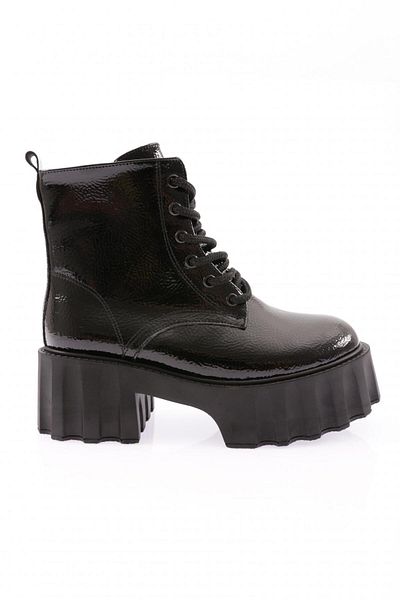 DGN Black Patent Leather Women's Boots - Thick Sole and Laces 15299123118