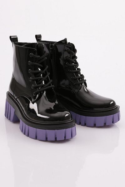 DGN Es805 Women's Thick Sole Lace-Up Heeled Boots Black Patent Leather Lilac